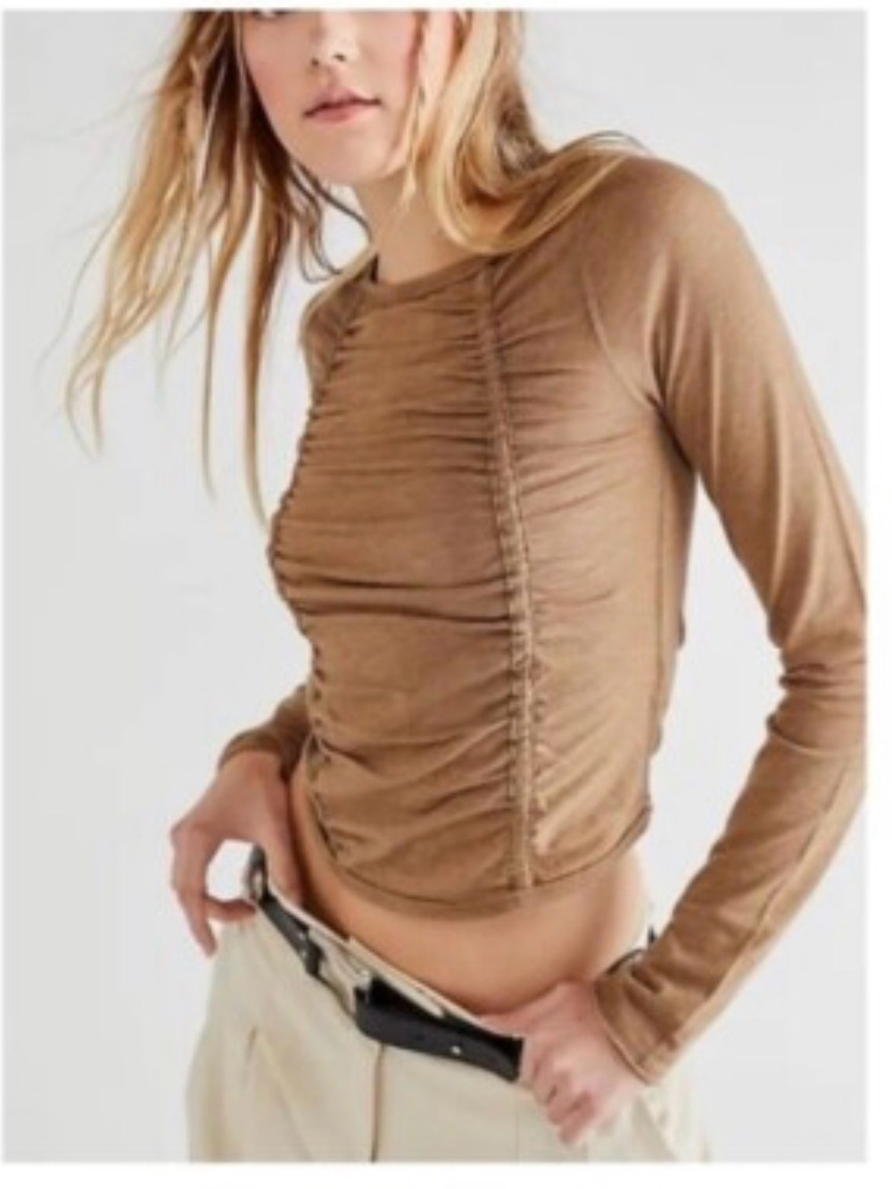 Free People Short Sleeve Ruched Scoop Neck Top - Camel Brown